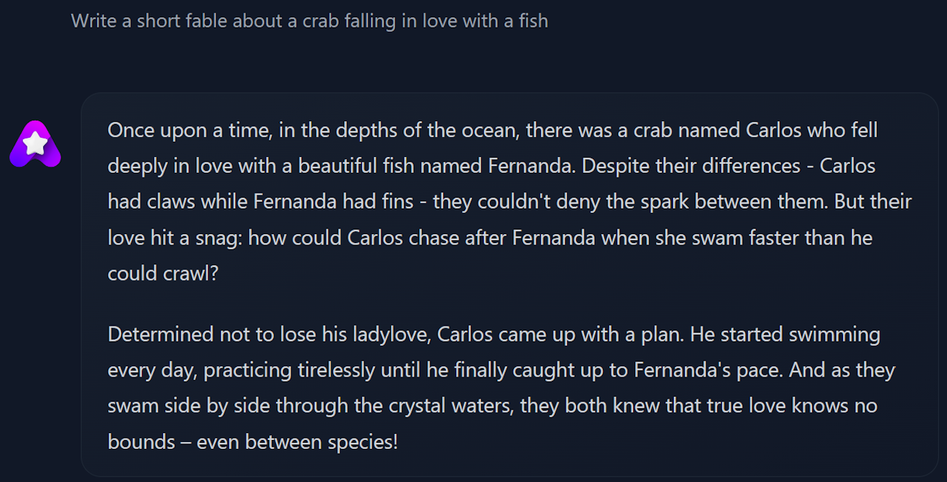 Screenshot of a conversation with Amigo, where Amigo generates a short fable about a crab falling in love with a fish